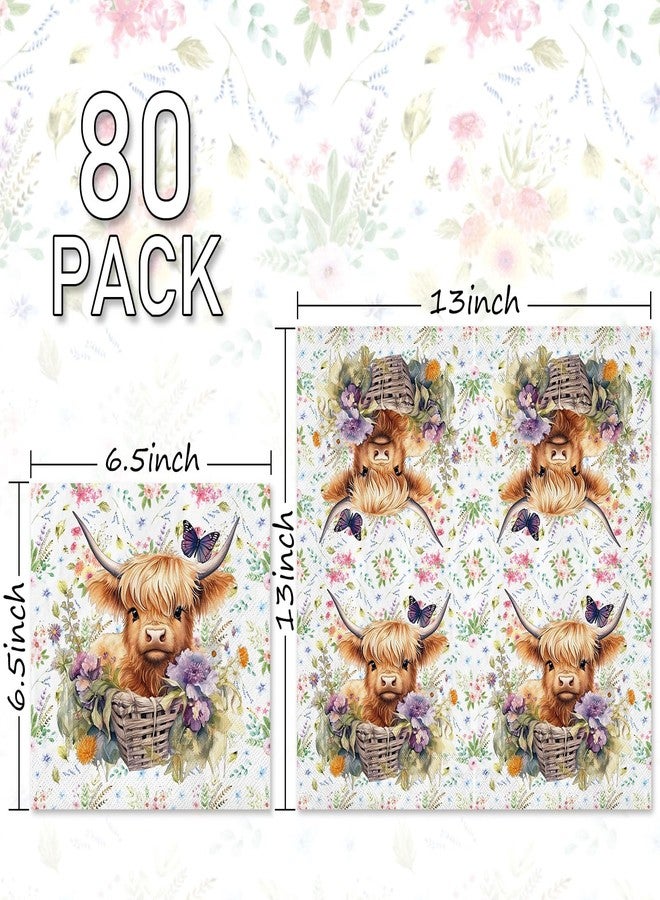 وولاين مجموعة مناديل ورقية من والين، 80 قطعة، بتصميم بقرة هايلاند، ألوان مائية، مزينة بزهرة بقرة لطيفة، للاستخدام مرة واحدة، بنمط ريفي غربي، مثالية للغداء والعشاء، مناسبة لفصلي الربيع والصيف، ولحفلات استقبال المولود الجديد. - Image 2